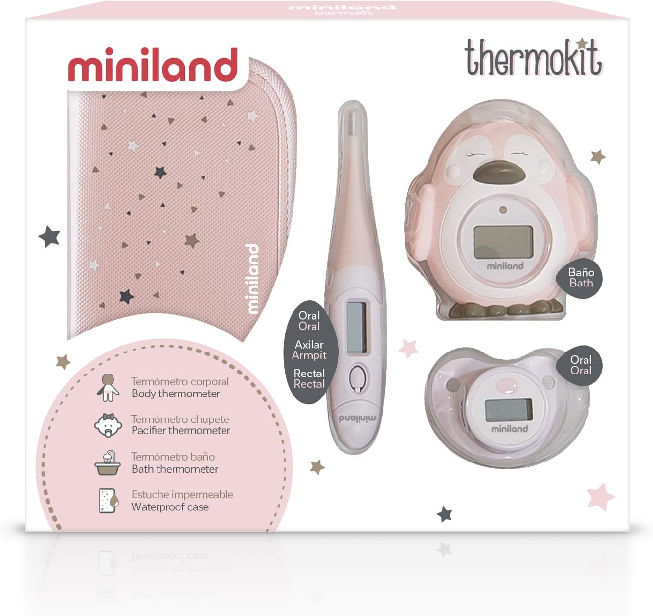 Miniland Thermokit - Set de 3 termómetros digitales de bebé, color rosa.